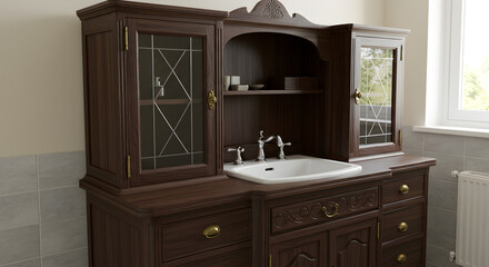 Antique Dental Cabinet Repurposed As a Bathroom Vanity Unit Dark Wood Style