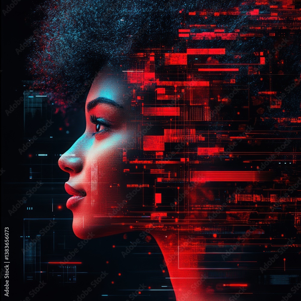 Poster artificial intelligence portrait of a woman merging with digital data streams