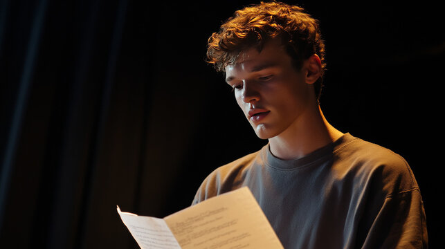 Medium shot of an actor performing a monologue in a theater while holding his script