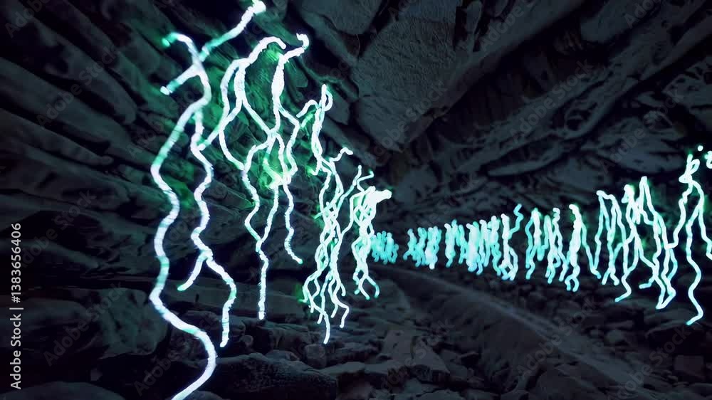 Poster illuminated pathway with neon lights in a dark tunnel creating an ethereal atmosphere