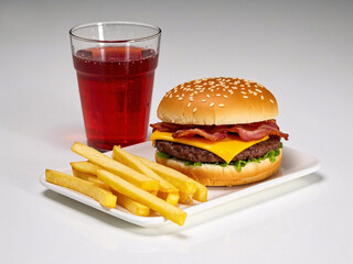 Classic Hamburger with Cheese and Bacon, Golden French Fries, and Red Beverage, Served on a White Rectangular Plate Stock Photo Download