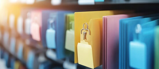 Colorful files in a filing system, organized and neatly arranged