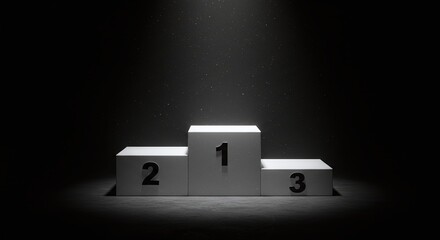 A podium with three steps with the numbers 1, 2, and 3 displayed on each step, symbolizing the top three positions of an event. The podium is spotlighted against a dark backdrop.