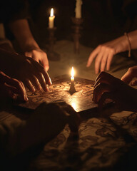 A group of hands placed on a Ouija board, the planchette moving mysteriously