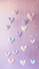 Dreamy background of lavender and pink with floating hearts and glittering stars for a magical feel