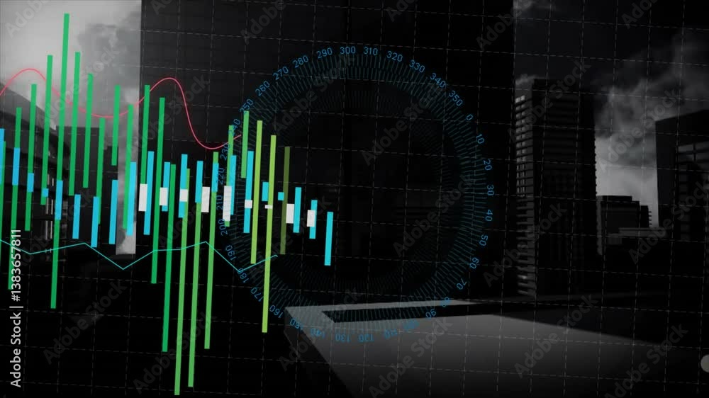 Poster animation of financial data charts and graphs overlaying cityscape with skyscrapers