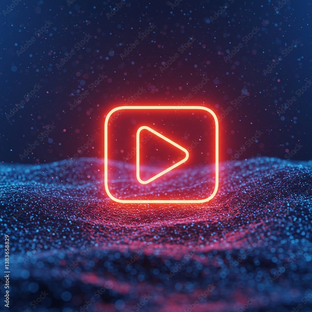 Poster glowing neon play button floating over abstract blue particles, symbol of streaming and entertainmen