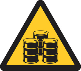 yellow triangular warning sign, three black chemical drums, indicating a potential hazard chemical substances