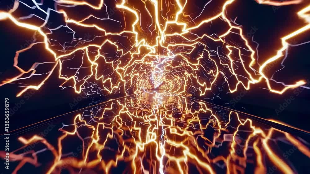 Poster electric tunnel with radiant lightning effects and dynamic reflections in dark space