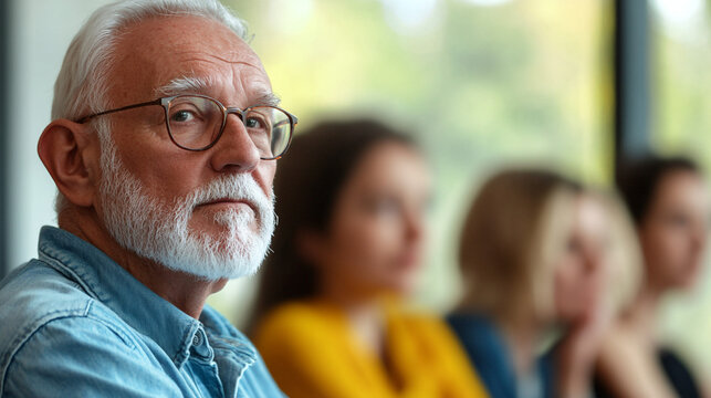 Senior Man Thoughtful Expression  Older Adult  Glasses  Denim Shirt  Meeting  Conference