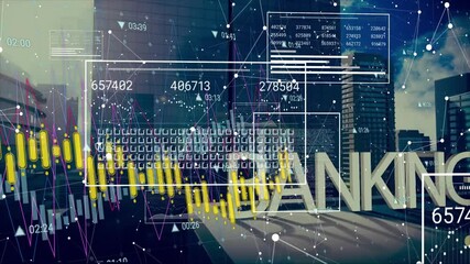 Overlaying animation of financial data and graphs, urban cityscape with BANK text - Powered by Adobe
