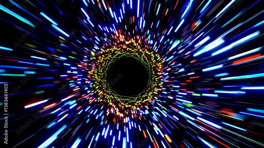 Poster vivid abstract light tunnel with colorful flashes and motion in dark background