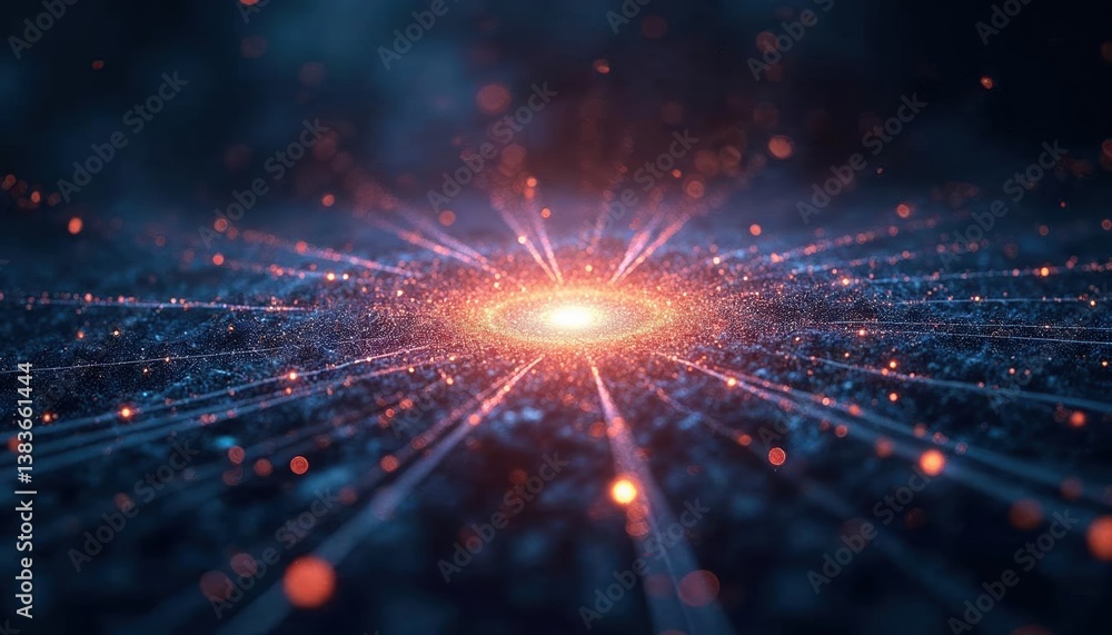 Aufkleber an ethereal cosmic visualization with glowing particles and radiant light beams in a dark space sett