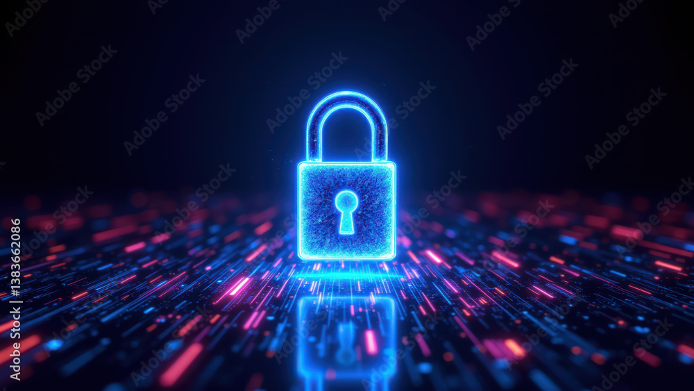 Poster cybersecurity and internet security lock icon on a digital circuit background with streaming neon co