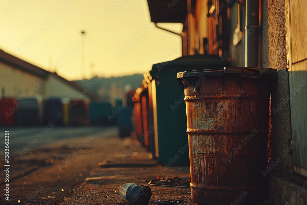 Poster a rusty metal trash can sits next to a building on a hazy street, creating a poignant scene that evo