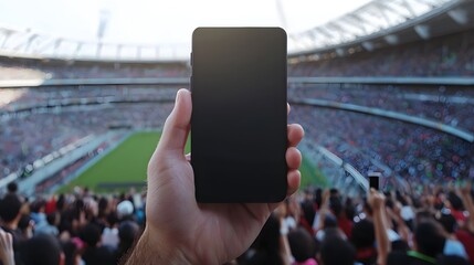 Mobile Stadium View: A person's hand holds up a phone, its screen black, framing the vibrant, blurred backdrop of a stadium filled with an energized crowd. Capturing the feeling of connection.