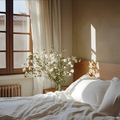 a 1st prize photography of a hotel room with white bedsheets flowers next to the bed wooden bed morning natural light white aesthetics