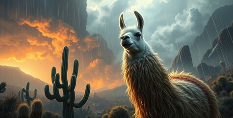 Llama standing majestically against a desert sunset  
