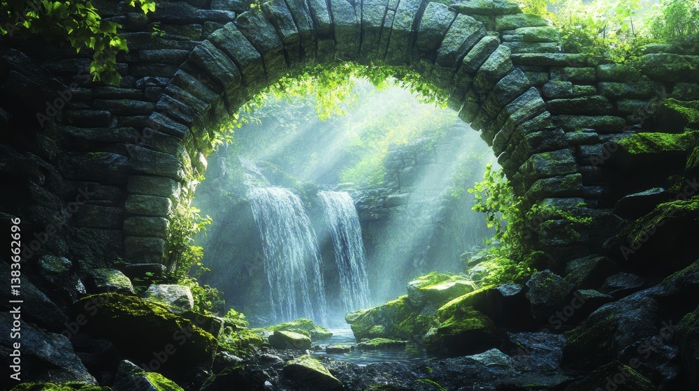 Poster sunbeams illuminate a waterfall viewed through a stone archway in lush greenery.