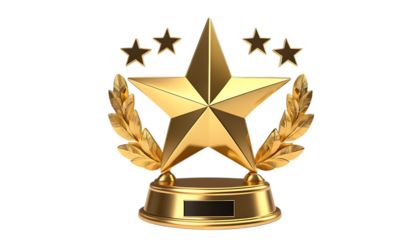 Gold five star rating trophy success award png