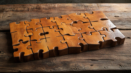 Wooden Jigsaw Puzzle Pieces on Rustic Table  Teamwork  Solution  Strategy  Connection