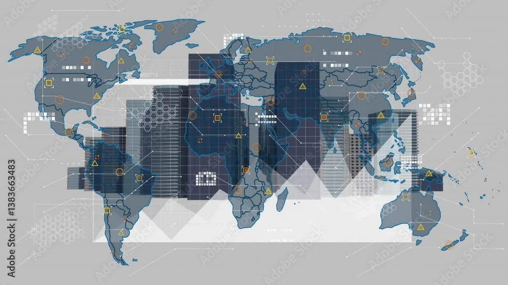 Poster animating world map with data processing and network connections in school setting