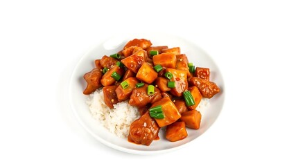 Tofu Stir-Fry in Brown Sauce with White Rice &ndash; Asian Comfort Cuisine Garnished with Green Onions