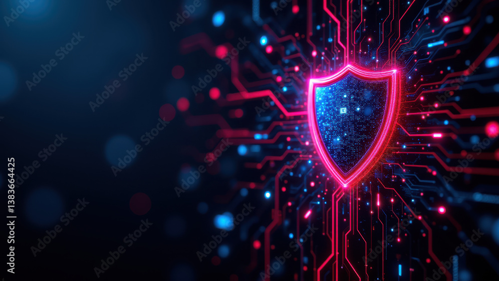 Poster cybersecurity shield with digital neon glow and network background.