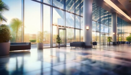 Sunlit lobby with modern seating and plants
