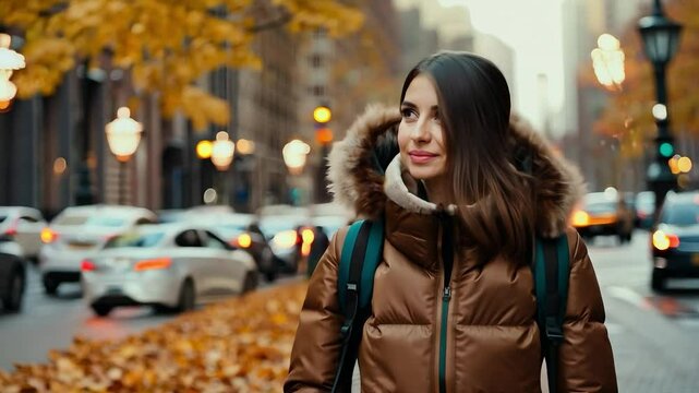 Young woman in brown jacket walking on autumn city street with fallen leaves and traffic. Urban lifestyle outdoor photography. Fall season and travel in city concept. Design for postcard, banner, gree