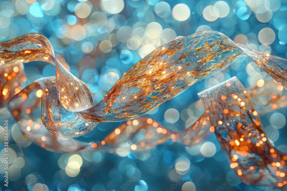 Poster a shimmering, abstract composition with translucent ribbon weaving through a bokeh background, creat
