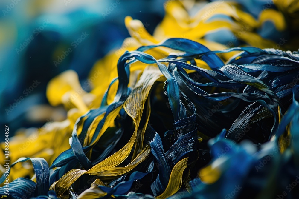 Aufkleber abstract close-up of interwoven blue and yellow ribbon-like shapes, a conceptual, three-dimensional 