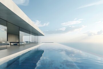 An ultra-modern house with a transparent glass facade, offering an unobstructed view of a pristine infinity pool extending towards the horizon.