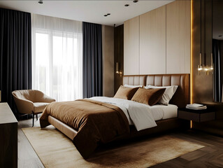 Bright and airy minimalist hotel room in a fivestar setting with a sense of quiet luxury Dominantly light tones with accent colors deep blue and ochrebrown Highquality m