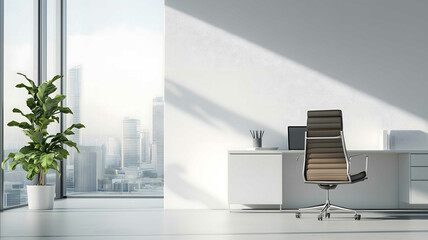 A white wall of an executive modern office modern furnitures a window with a view of the city skyline on the left The office exudes professionalism and elegance Ima
