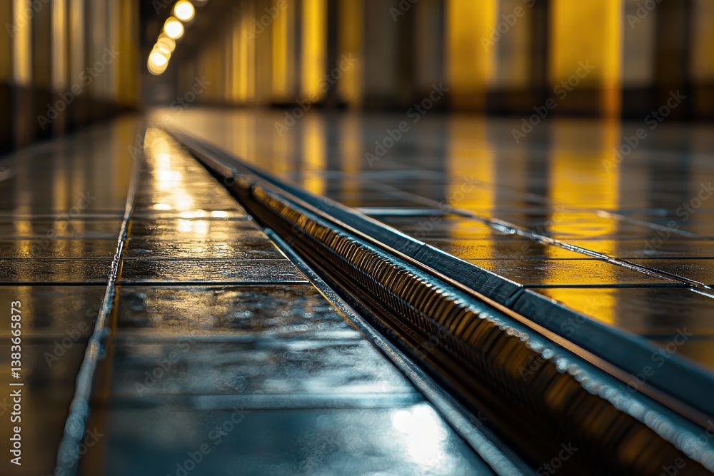 Poster a close-up perspective of a wet tiled floor with a linear drainage system, reflecting blurred golden