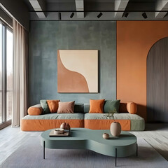 Interior space with terracotta pistachio green and gray blue colors
