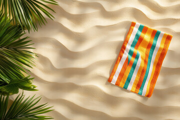 Fototapeta premium vibrant beach towel rests soft sand, surrounded by lush greenery, evoking sense of relaxation