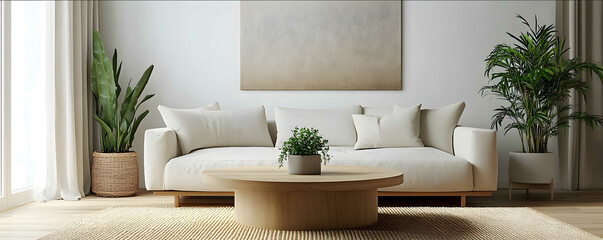 green plants A minimalist living room with sleek modern furniture and soft lighting featuring neutral tones of beige or grey for an elegant look The focal point is
