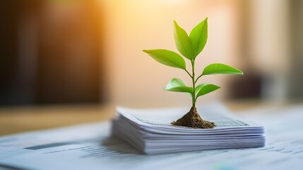 "A small green plant grows from financial documents, symbolizing business growth, success, and progress."