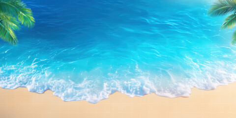 serene beach scene with gentle waves lapping at shore, surrounded by palm trees