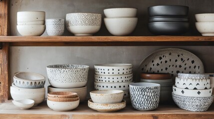 Handmade ceramic bowls and plates on wooden shelves, pottery studio