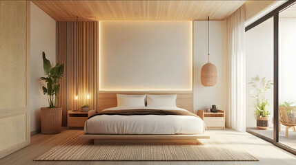 interior design modern Minimal muji style house ligth tone white wall wood modern design furniture in Thailand realistic