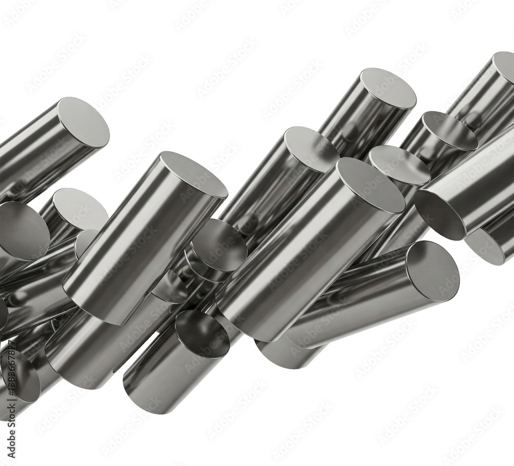 Poster metallic cylinders, isolated on a transparent background, create a dynamic, abstract composition sug