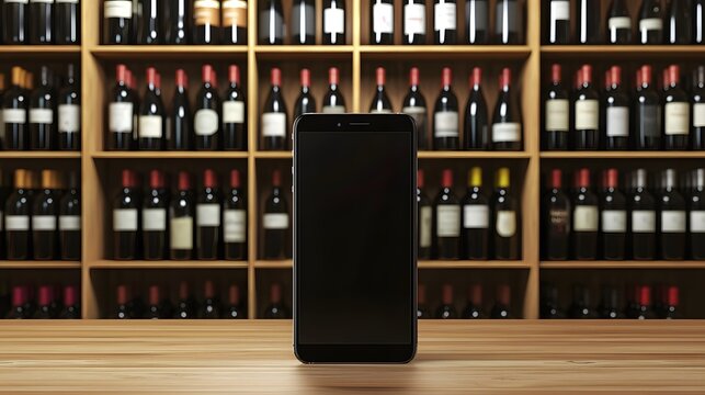 Smartphone in Wine Cellar: A sleek smartphone stands prominently against a backdrop of shelves stocked with diverse wine bottles, inviting contemplation and connection in an elegant setting.