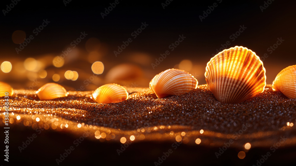 Poster seashells resting on wet sand create serene and beautiful scene, illuminated by soft light