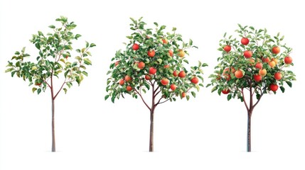 Apple tree growth stages, orchard, white background, website design