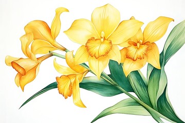 Yellow Orchids & Calla Lilies &ndash; Botanical Watercolor Illustration with Tropical Flowers
