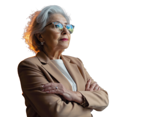 Selbstbewusste ältere Businessfrau mit Brille im Anzug PNG mit transparentem Hintergrund

