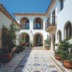 Naklejka premium Mediterranean Style Courtyard with Ornate Tile Pathway White Walls and Lush Greenery